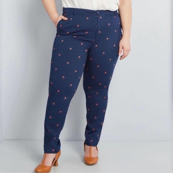ModCloth Embroidered Umbrella Print Pants Chino Style Navy Red Size 28 Women’s - Picture 1 of 10